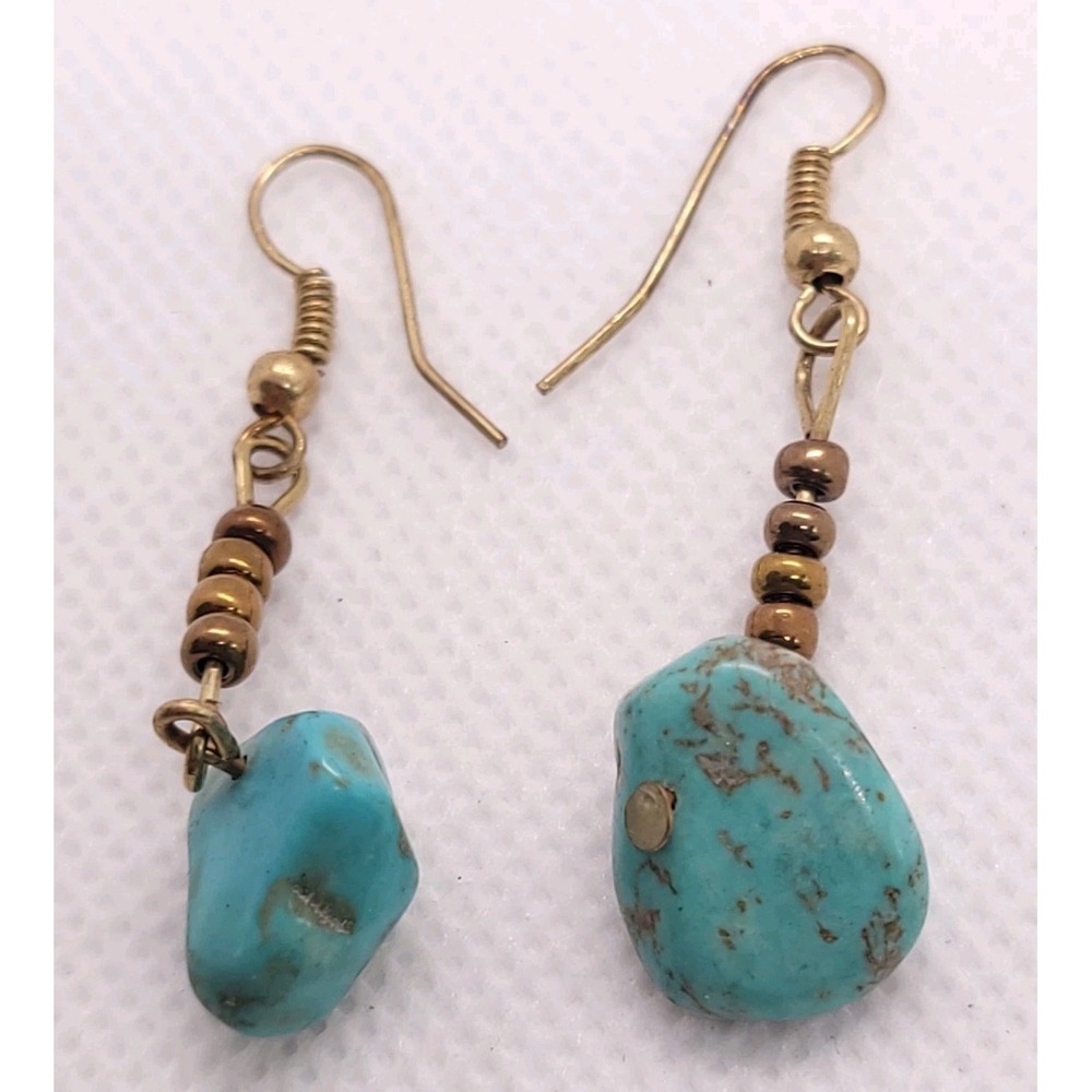 Vintage Style Turquoise Nugget Bronze Tone Beaded Dangle Earrings
